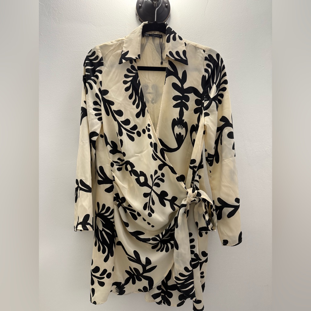 Zara Cream And Black Wrap Blouse With Notched Collar
